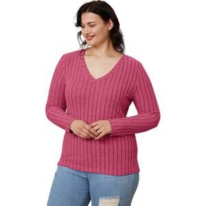 BASIC BAE Plus Hot Pink Ribbed V-Neck Long Sleeve Casual Top NEW Size 3X